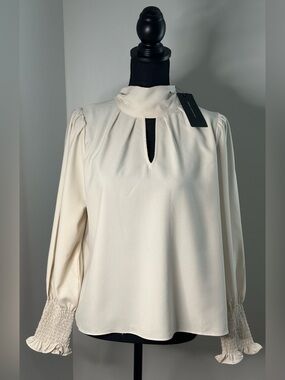 NWT! French Connection Women’s Cream Mock-Neck Blouse with Smocked Cuffs